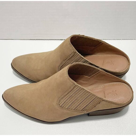 Frye Rowen Gore Suede Leather Mule Slip Stacked Heel On 6.5 Beige - Picture 7 of 10